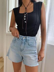 DAZY Quần short denim nữ Túi Hem thô màu trơn - Rửa nhẹ - Xem 1