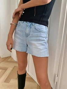 DAZY Quần short denim nữ Túi Hem thô màu trơn - Rửa nhẹ - Xem 2
