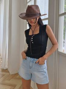 DAZY Quần short denim nữ Túi Hem thô màu trơn - Rửa nhẹ - Xem 5