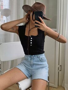 DAZY Quần short denim nữ Túi Hem thô màu trơn - Rửa nhẹ - Xem 7