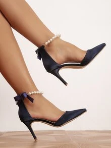 Giày cao gót Nữ Ngọc trai màu trơn Đúng mốt - Màu xanh hải quân - Xem 2