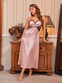 SHEIN 拼接網紗刺繡細節吊帶睡裙 - 藕粉色 - 查看 1