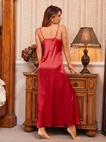 SHEIN 蕾絲拼接吊帶睡裙 - 紅色 - 查看 2