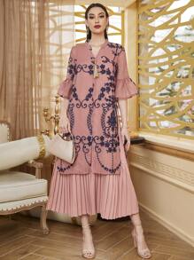 Divindia Floral Embroidery Split Tunic With Pleated Hem Dress - Dusty Pink - View 1