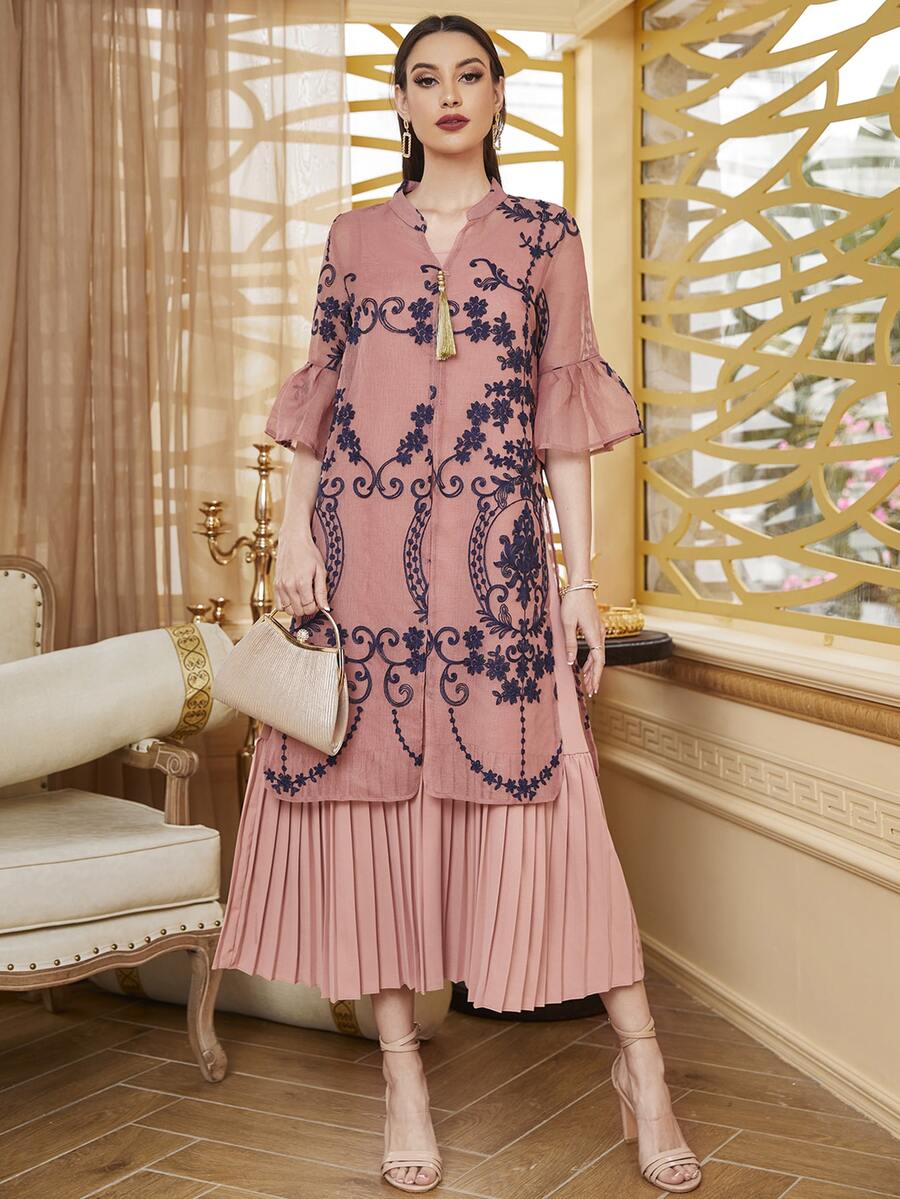Divindia Floral Embroidery Split Tunic With Pleated Hem Dress - Dusty Pink - View 1