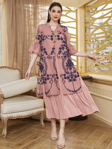 Divindia Floral Embroidery Split Tunic With Pleated Hem Dress - Dusty Pink - View 3