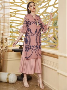 Divindia Floral Embroidery Split Tunic With Pleated Hem Dress - Dusty Pink - View 4