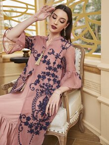 Divindia Floral Embroidery Split Tunic With Pleated Hem Dress - Dusty Pink - View 6