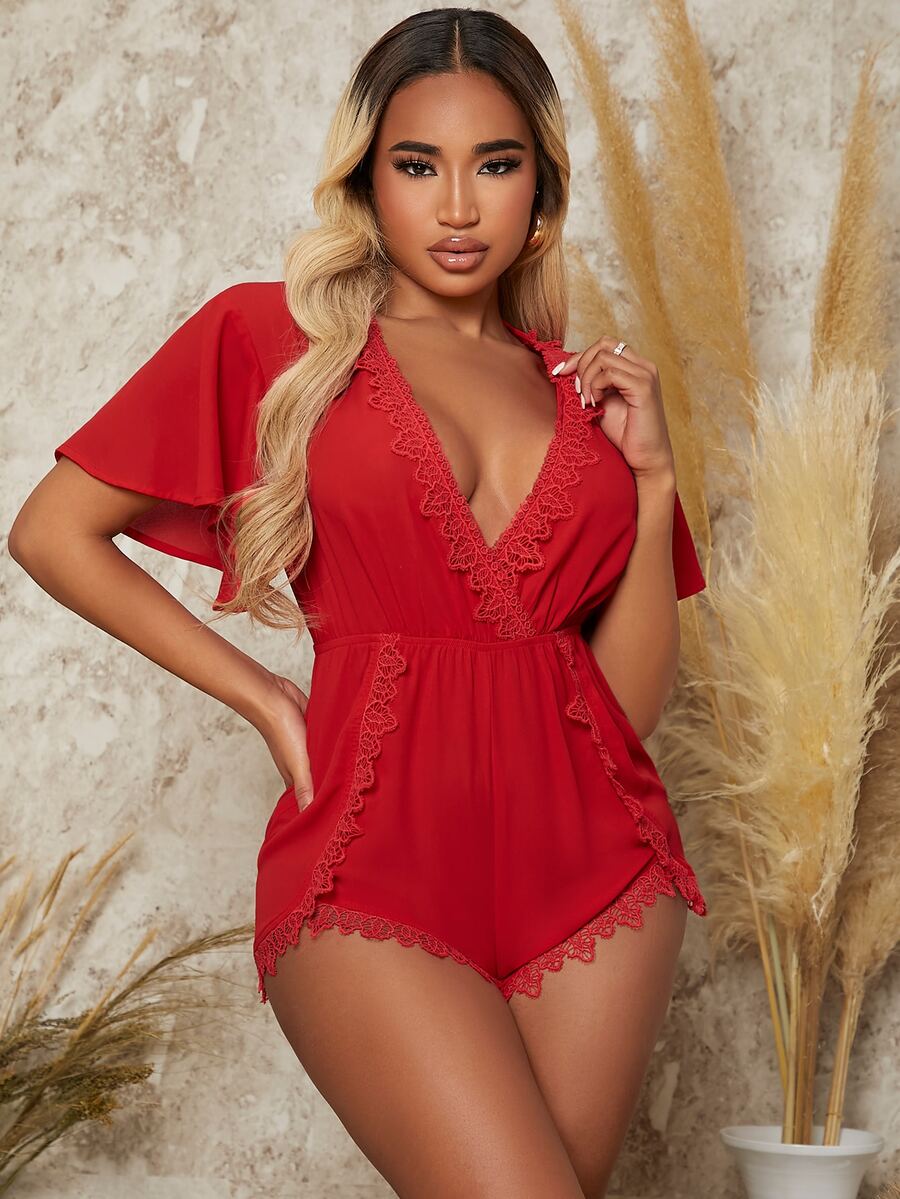 SHEIN SXY Áo liền quần nữ Tương phản ren Xù Trọn gói màu trơn Gợi cảm - Đỏ - Xem 1