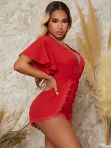 SHEIN SXY Áo liền quần nữ Tương phản ren Xù Trọn gói màu trơn Gợi cảm - Đỏ - Xem 4