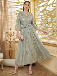 Modelyn 交叉領荷葉邊下擺腰帶連衣裙 - 綠色 - 查看 3