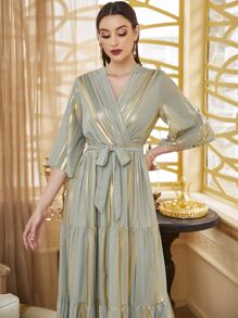 Modelyn 交叉領荷葉邊下擺腰帶連衣裙 - 綠色 - 查看 4