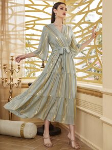 Modelyn 交叉領荷葉邊下擺腰帶連衣裙 - 綠色 - 查看 5