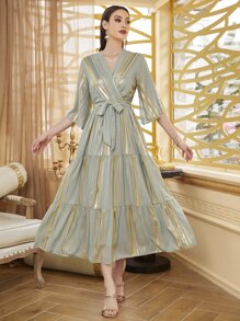 Modelyn 交叉領荷葉邊下擺腰帶連衣裙 - 綠色 - 查看 6