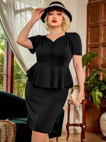 CurvySweet Vestido peplum escote corazón con botón delantero - Negro - Ver 3
