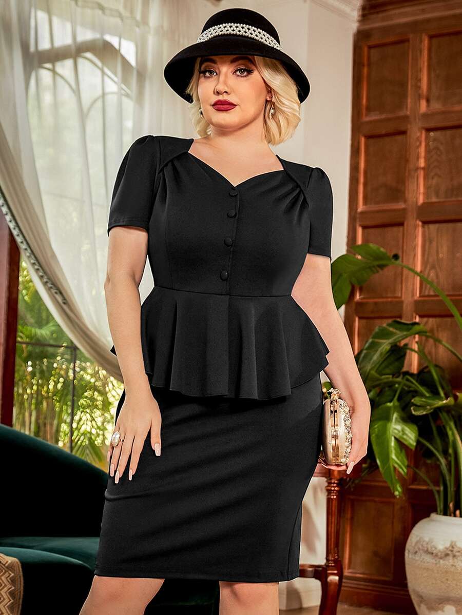 CurvySweet Vestido peplum escote corazón con botón delantero - Negro - Ver 1