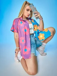 Plus Floral Print Button Front Shirt - Multicolor - View 1