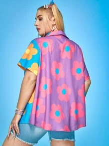 Plus Floral Print Button Front Shirt - Multicolor - View 2