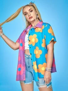 Plus Floral Print Button Front Shirt - Multicolor - View 3