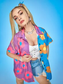 Plus Floral Print Button Front Shirt - Multicolor - View 5