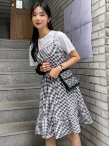 DAZY 格纹荷叶边下摆吊带连衣裙（不含 T 恤）夏季太阳裙，休闲女装