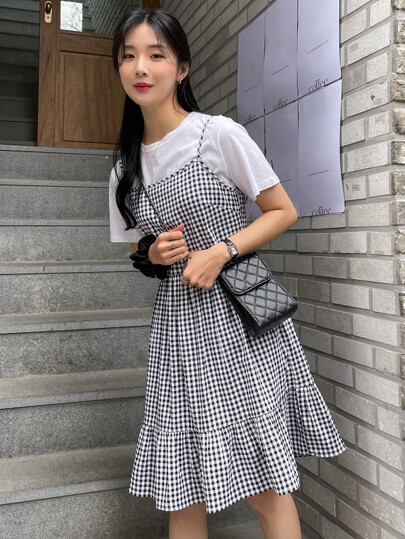 DAZY Vestido de verano sin camiseta con volantes y cuadros - Vestido casual de mujer