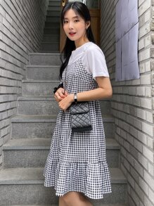 DAZY 格纹荷叶边下摆吊带连衣裙（不含 T 恤）夏季太阳裙，休闲女装