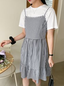 DAZY 格纹荷叶边下摆吊带连衣裙（不含 T 恤）夏季太阳裙，休闲女装