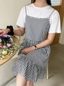 DAZY 格纹荷叶边下摆吊带连衣裙（不含 T 恤）夏季太阳裙，休闲女装