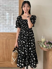 DAZY Đầm xếp ly lưng chéo in hoa, trang phục đi nghỉ mát bèo nhún cho nữ, lễ Phục sinh - màu đen - Xem 7