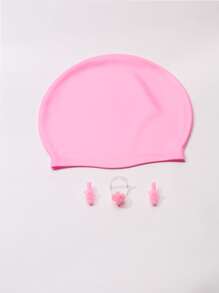 Mũ bơi bằng silicon màu rắn với nút tai và kẹp mũi - Hồng - Xem 1