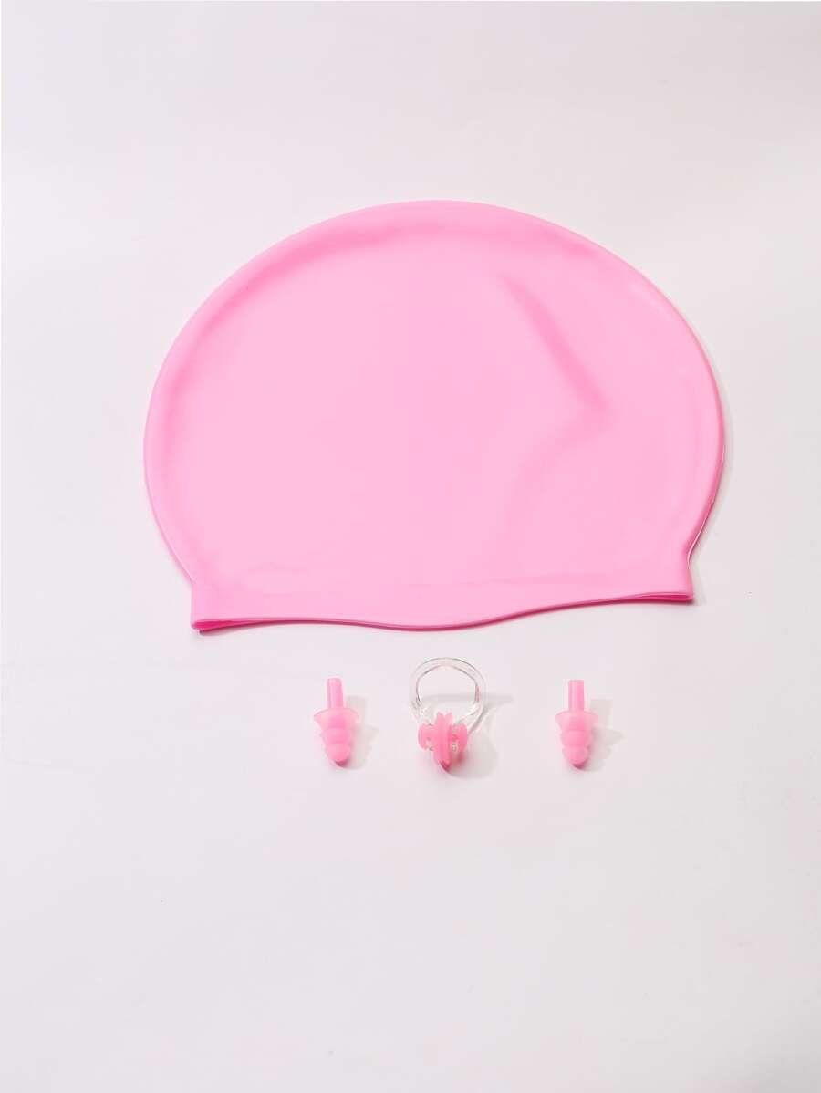 Mũ bơi bằng silicon màu rắn với nút tai và kẹp mũi - Hồng - Xem 1