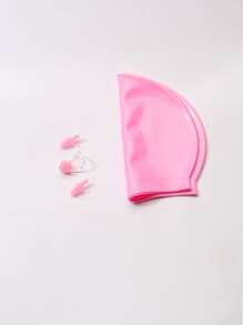 Mũ bơi bằng silicon màu rắn với nút tai và kẹp mũi - Hồng - Xem 2