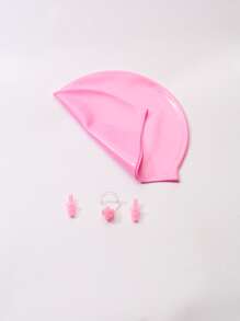 Mũ bơi bằng silicon màu rắn với nút tai và kẹp mũi - Hồng - Xem 3