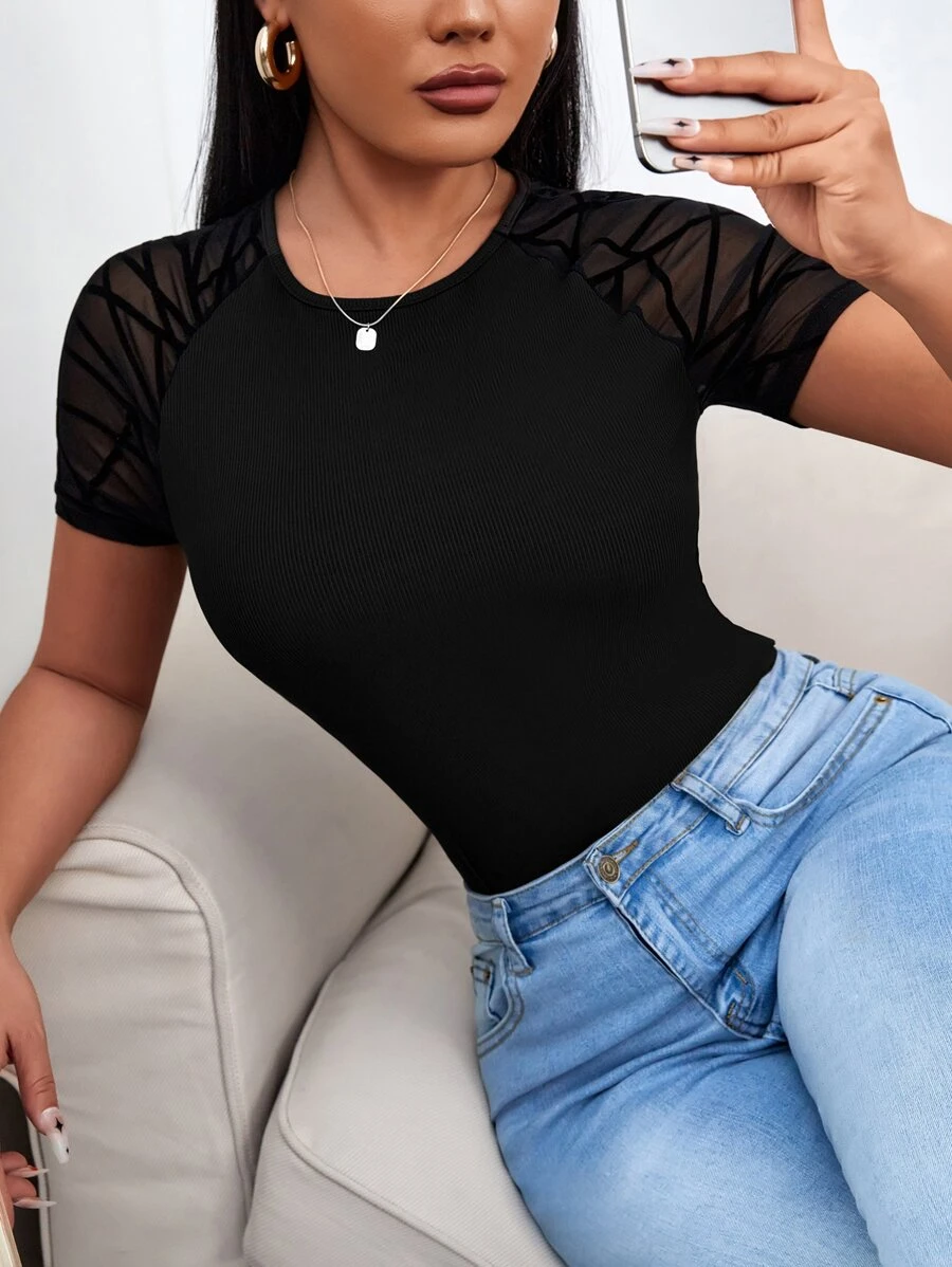 VaVaBold Áo thun tay lỡ lưới Raglan Geo tương phản Áo thun họa tiết dành cho nữ - màu đen - Xem 1