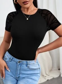 VaVaBold Áo thun tay lỡ lưới Raglan Geo tương phản Áo thun họa tiết dành cho nữ - màu đen - Xem 3