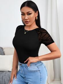 VaVaBold Áo thun tay lỡ lưới Raglan Geo tương phản Áo thun họa tiết dành cho nữ - màu đen - Xem 4