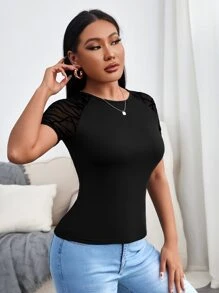 VaVaBold Áo thun tay lỡ lưới Raglan Geo tương phản Áo thun họa tiết dành cho nữ - màu đen - Xem 6