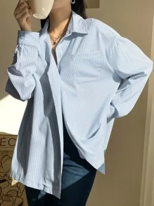 DAZY Vertical Striped Patched Pocket Drop Shoulder Shirt,Fall Clothes - Blue and White - View 1