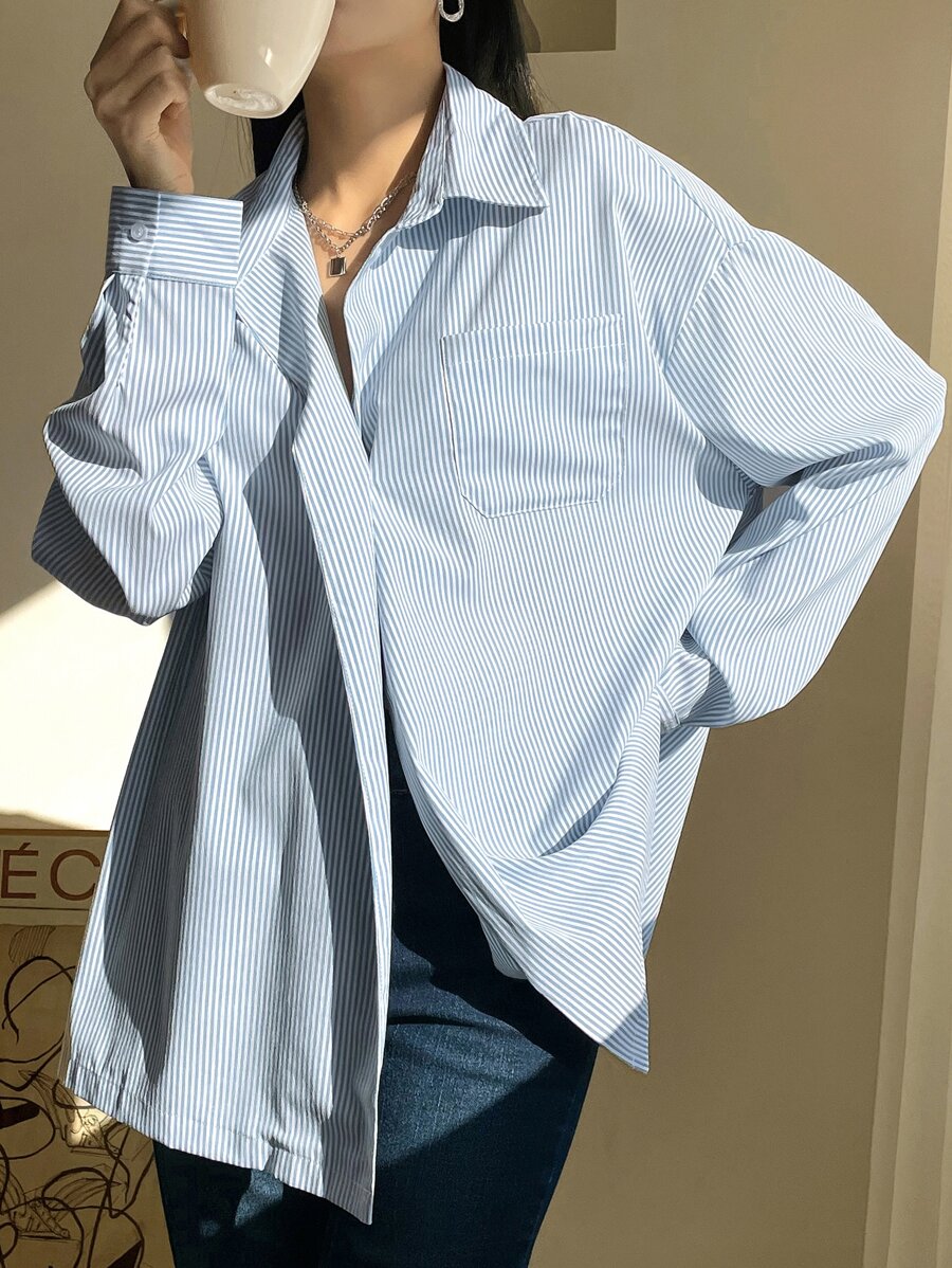 DAZY Vertical Striped Patched Pocket Drop Shoulder Shirt,Fall Clothes - Blue and White - View 1