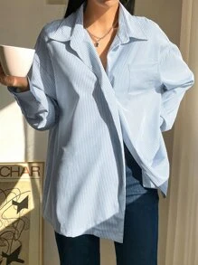 DAZY Vertical Striped Patched Pocket Drop Shoulder Shirt,Fall Clothes - Blue and White - View 3
