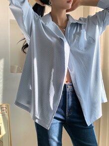 DAZY Vertical Striped Patched Pocket Drop Shoulder Shirt,Fall Clothes - Blue and White - View 4
