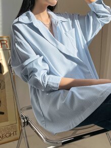 DAZY Vertical Striped Patched Pocket Drop Shoulder Shirt,Fall Clothes - Blue and White - View 7
