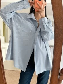 DAZY Vertical Striped Patched Pocket Drop Shoulder Shirt,Fall Clothes - Blue and White - View 9