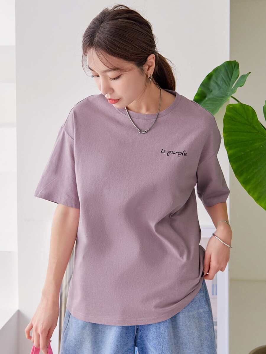 DAZY 字母圖案落肩T恤 - 淡紫色 - 查看 1