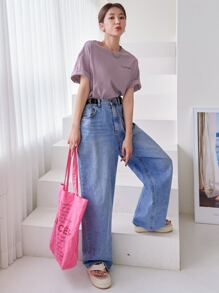 DAZY 字母圖案落肩T恤 - 淡紫色 - 查看 3