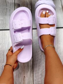 雙搭扣細節拖鞋 - 紫色 - 查看 1