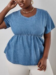 unicolor Babydoll Top en mezclilla - Azul lavado medio - Ver 1