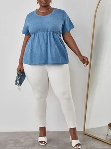 unicolor Babydoll Top en mezclilla - Azul lavado medio - Ver 3