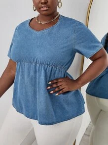 unicolor Babydoll Top en mezclilla - Azul lavado medio - Ver 4